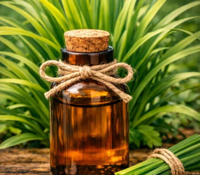 Fresh citronella plant leaves symbolizing natural essential oil extraction.